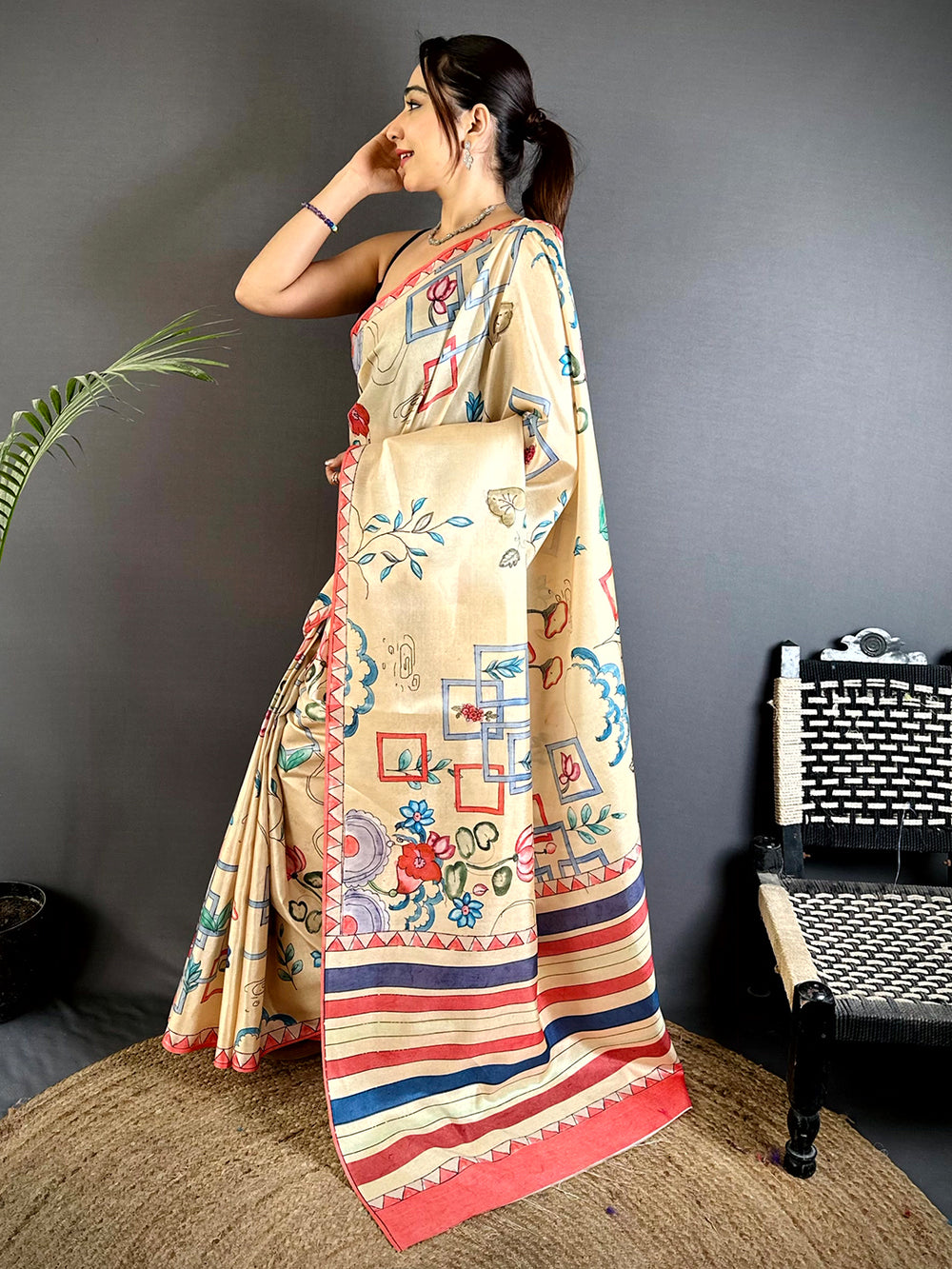 Cream Semi Tussar Striped Pallu Saree