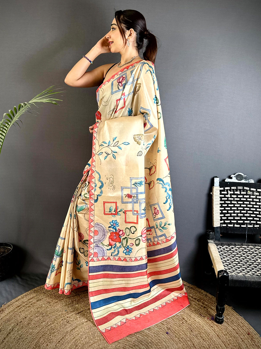 Cream Semi Tussar Striped Pallu Saree