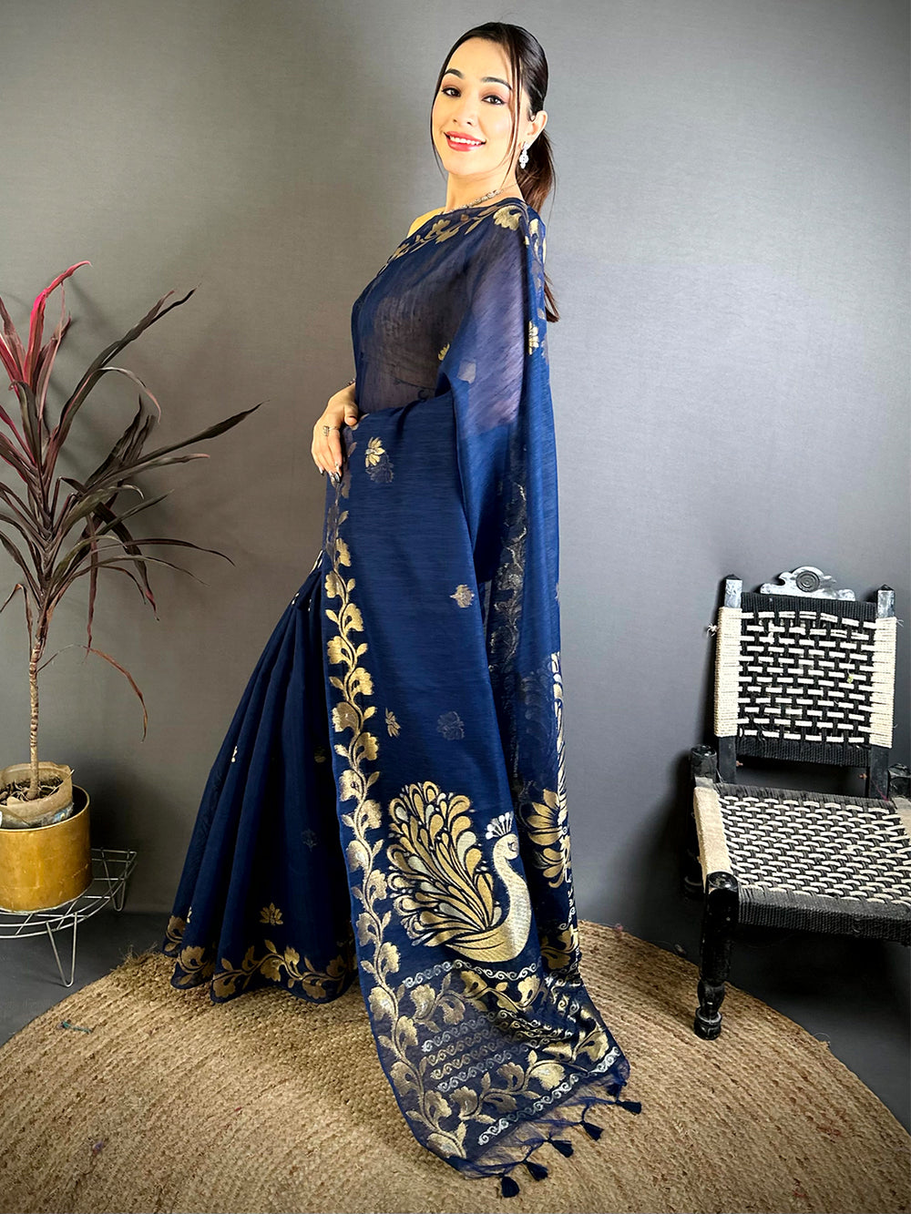 Navy Peacock Zari Munga Saree