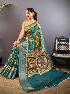 Teal Green Pure Viscose Checked Saree