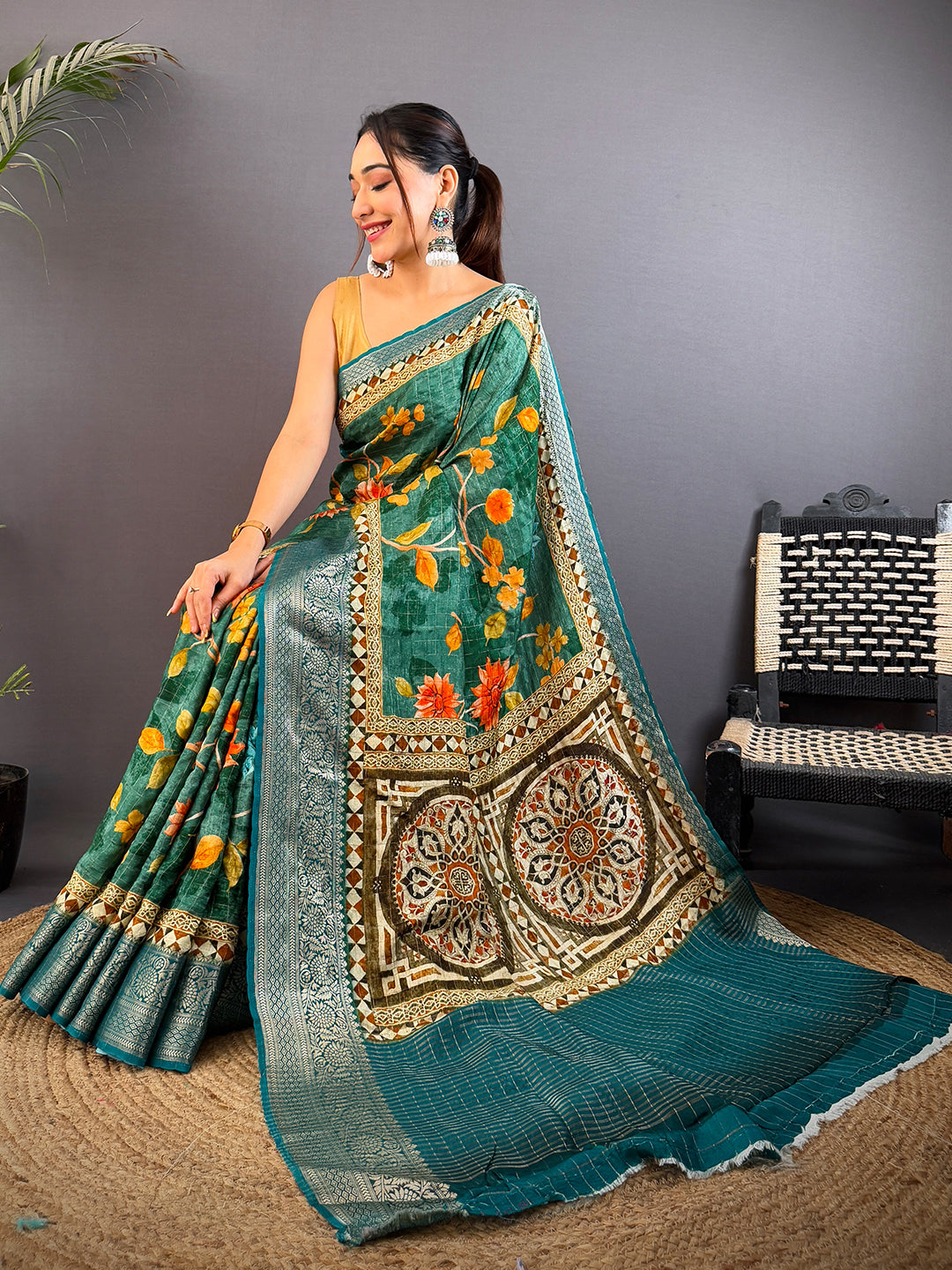 Teal Green Pure Viscose Checked Saree