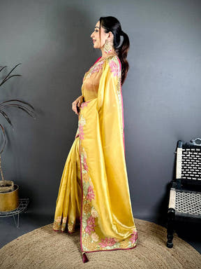 Mustard Silky Tissue Resham Border Saree