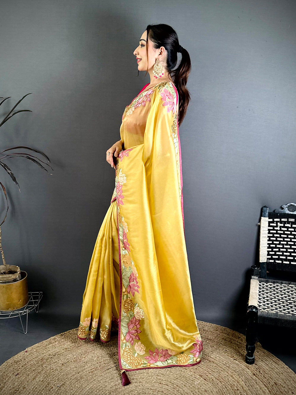 Mustard Silky Tissue Resham Border Saree