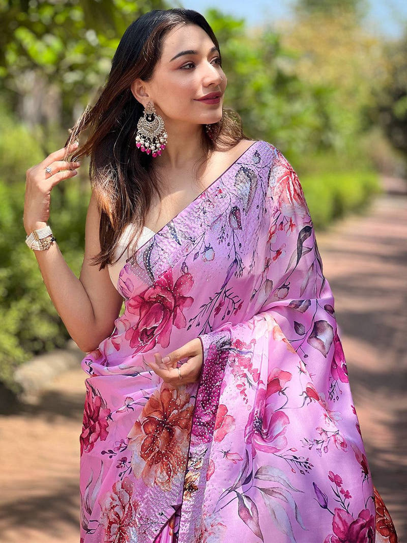 Satin Georgette Pink Floral Digital Print Saree worn outdoors