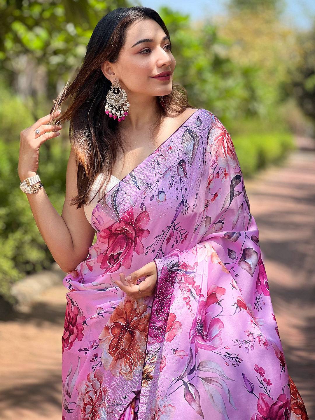 Satin Georgette Pink Floral Digital Print Saree worn outdoors