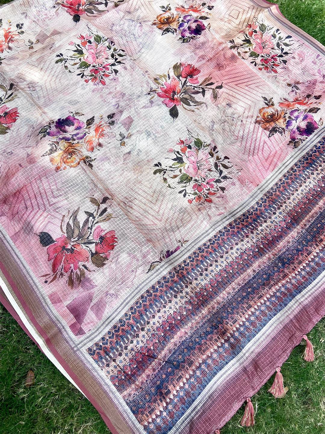 Cream Colour Soft Kota Doriya Silk Saree With Flower Print