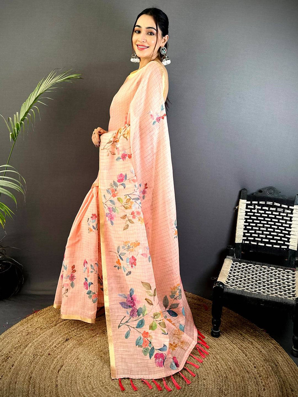 Peach Linen Chex Floral Saree