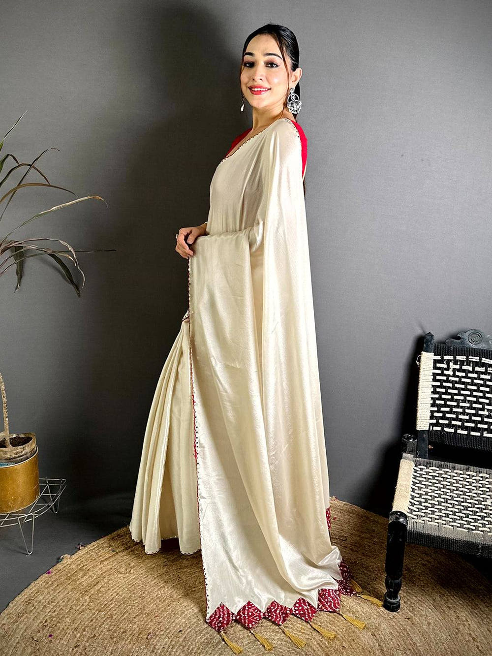 White Vichitra Real Mirror Work Tassel Saree