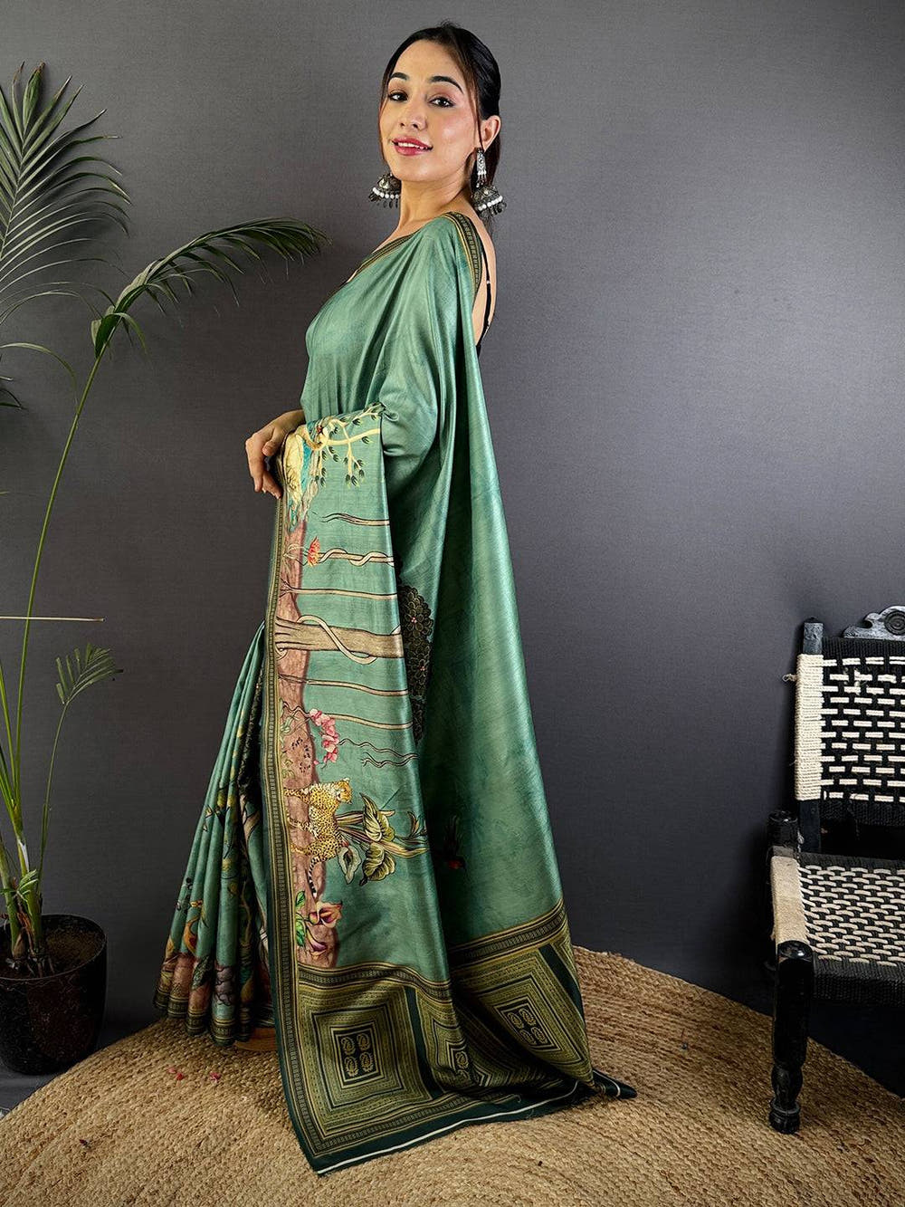 Green Soft Dola Silk Printed Saree