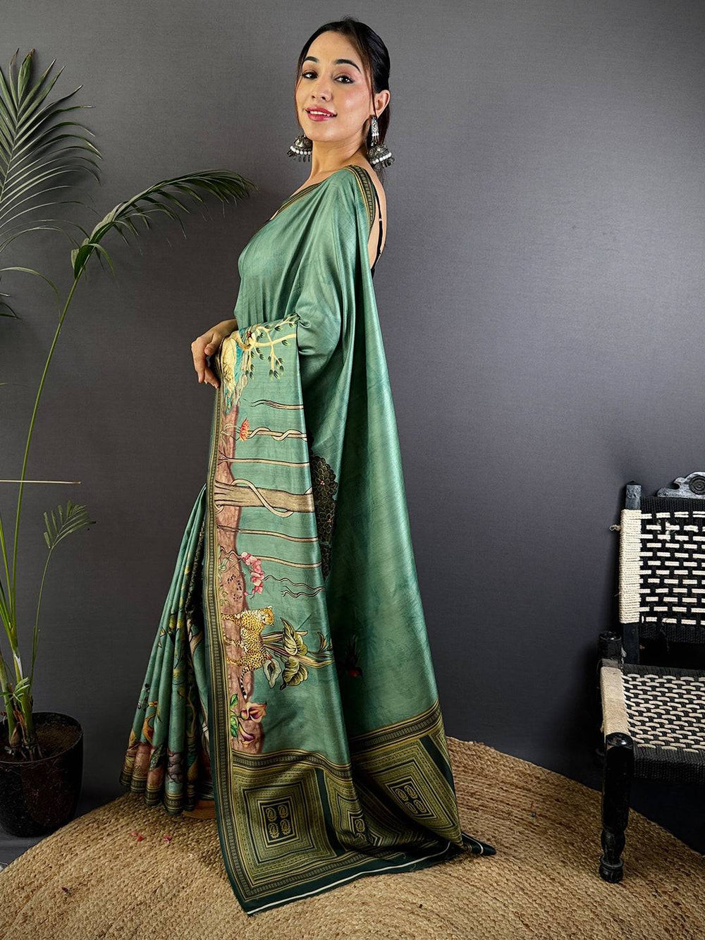 Green Soft Dola Silk Printed Saree