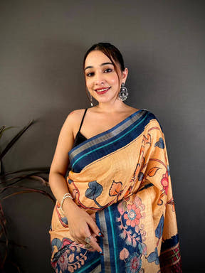 Radiant Bright Pen Kalamkari Tussar Saree