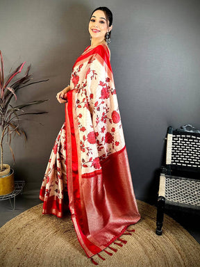 Ivory Soft Silk Gadwal Kalamkari Saree