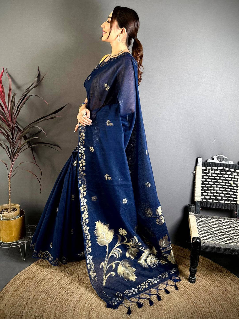 Navy Sona Chandi Khadi Ghicha Saree


