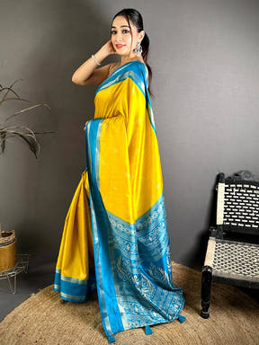 Yellow Soft Dola Block Print Pallu Saree