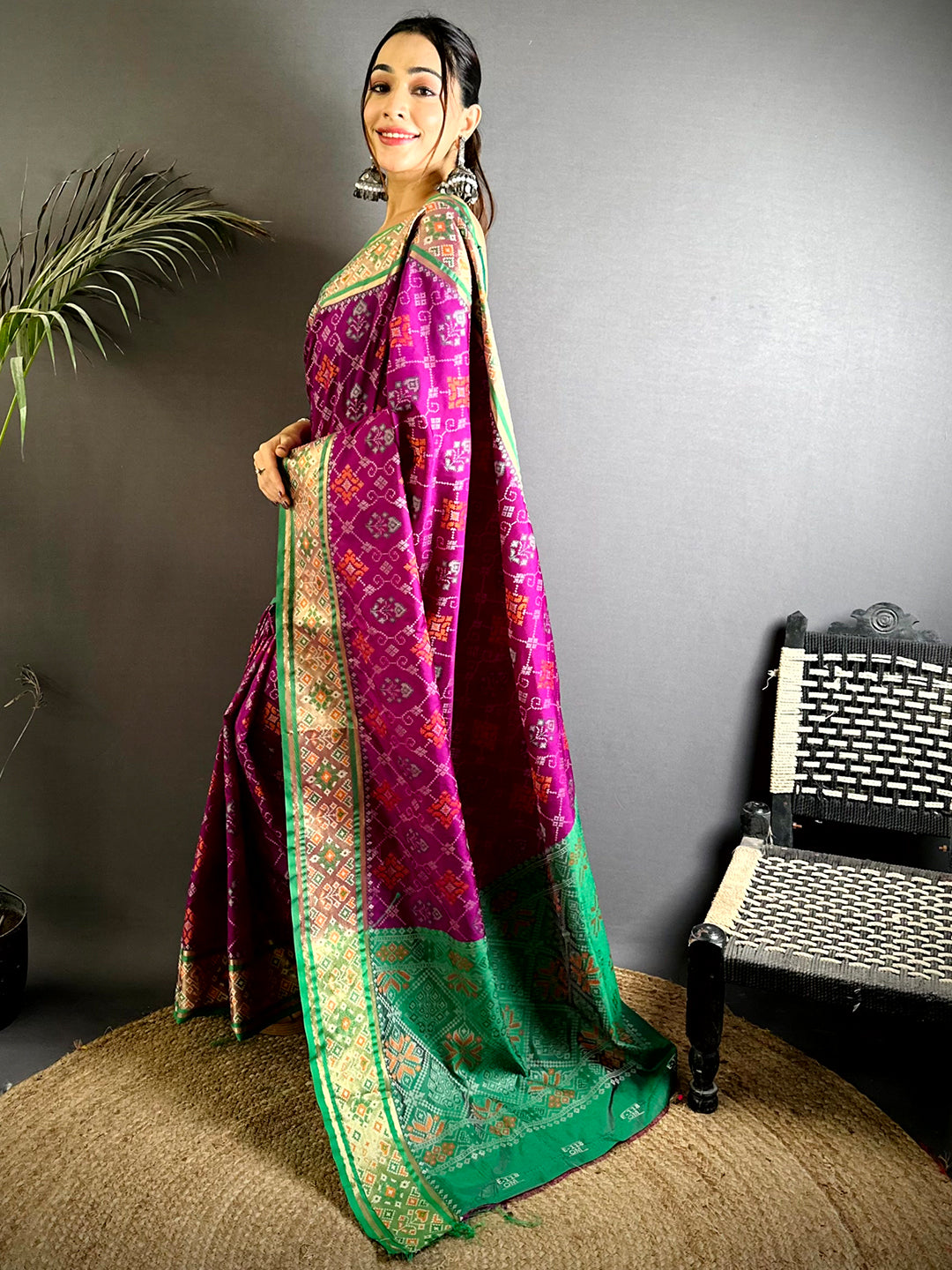 Wine Pochampally Patola Soft Silk Saree