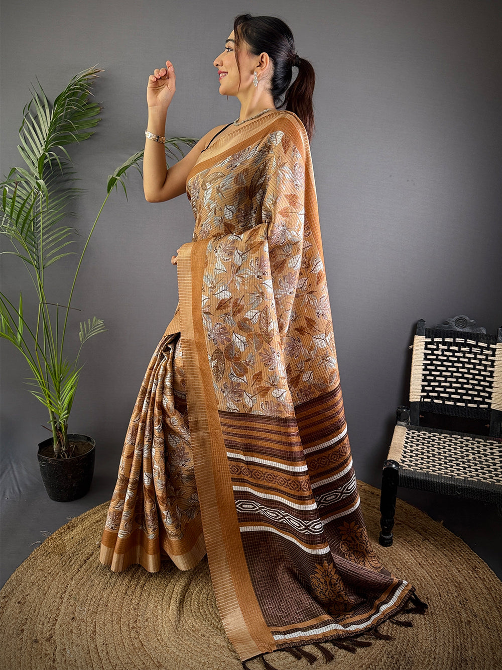 Camel Brown Tussar Chex Floral Print Saree