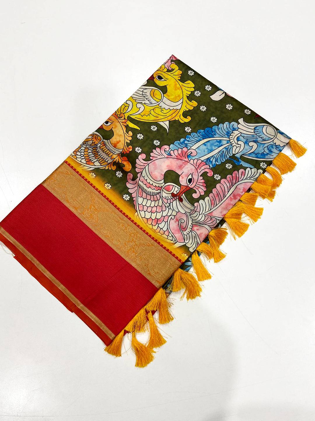 Vibrant Olive Banarasi Kalamkari Silk Saree