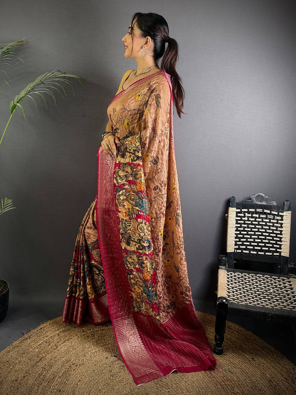 Peach Pure Viscose Kalalmkari Printed Saree