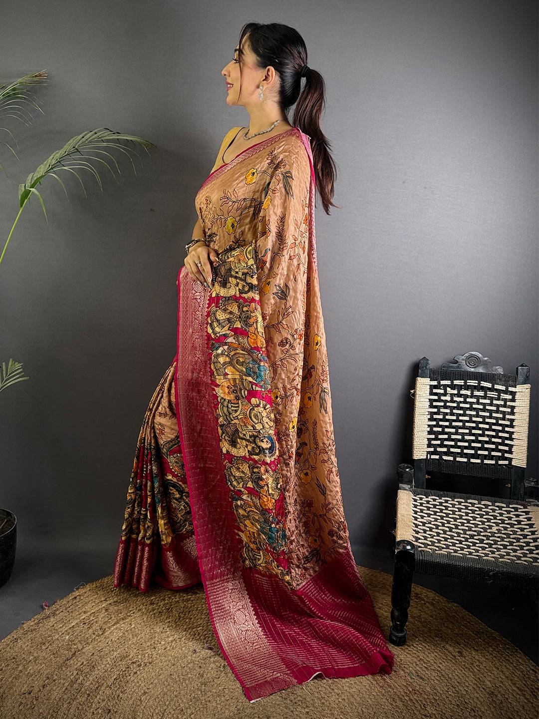 Peach Pure Viscose Kalalmkari Printed Saree