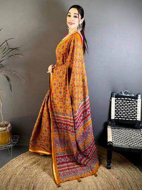 Mustard Mul Cotton Ajrak Vintage Print Saree