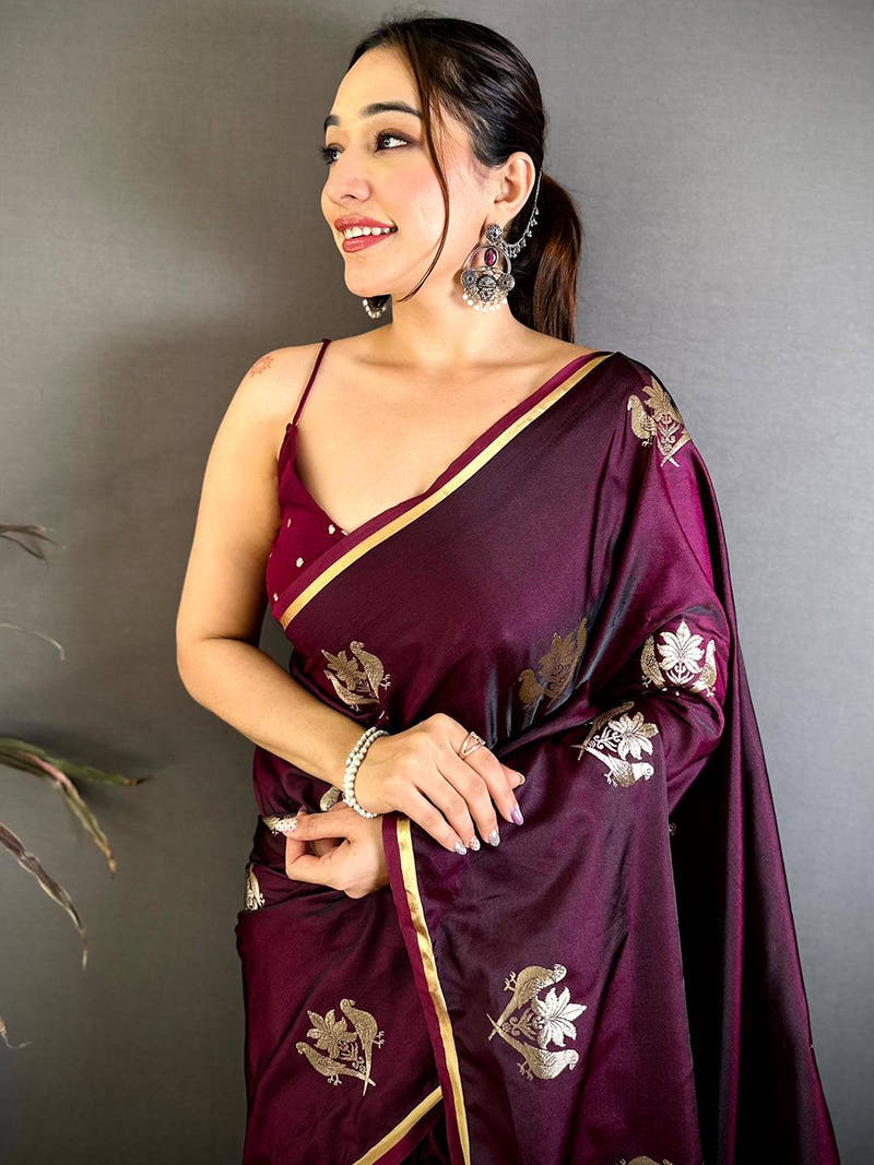 Wine Bird Weaving Mashru Satin Saree