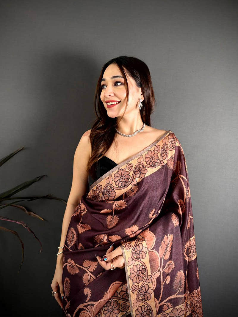 Brown Soft Tussar Kalamkari Print Saree