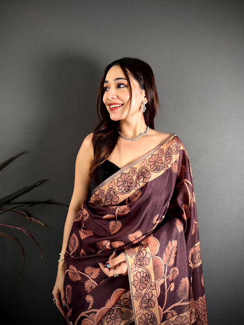 Brown Soft Tussar Kalamkari Print Saree