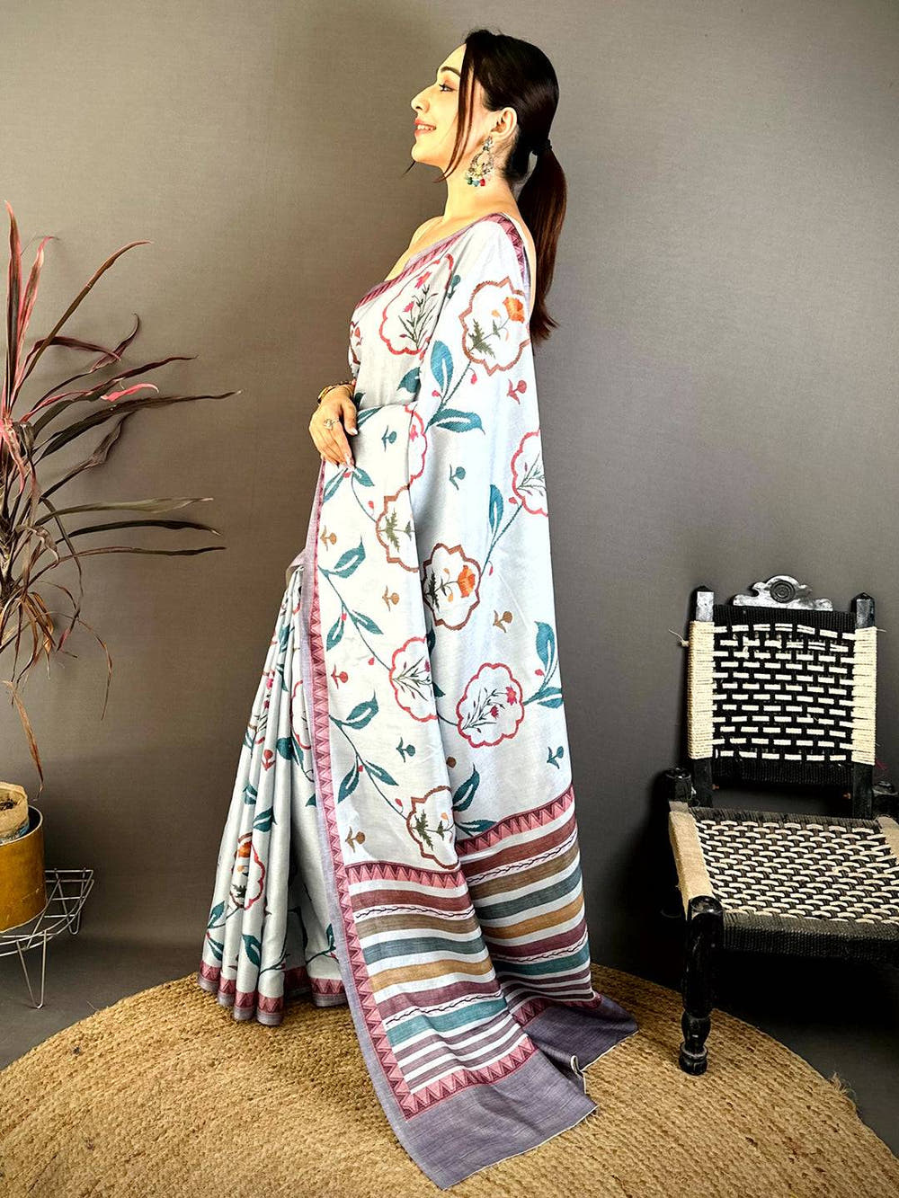 Sky Blue Floral Soft Tussar Saree