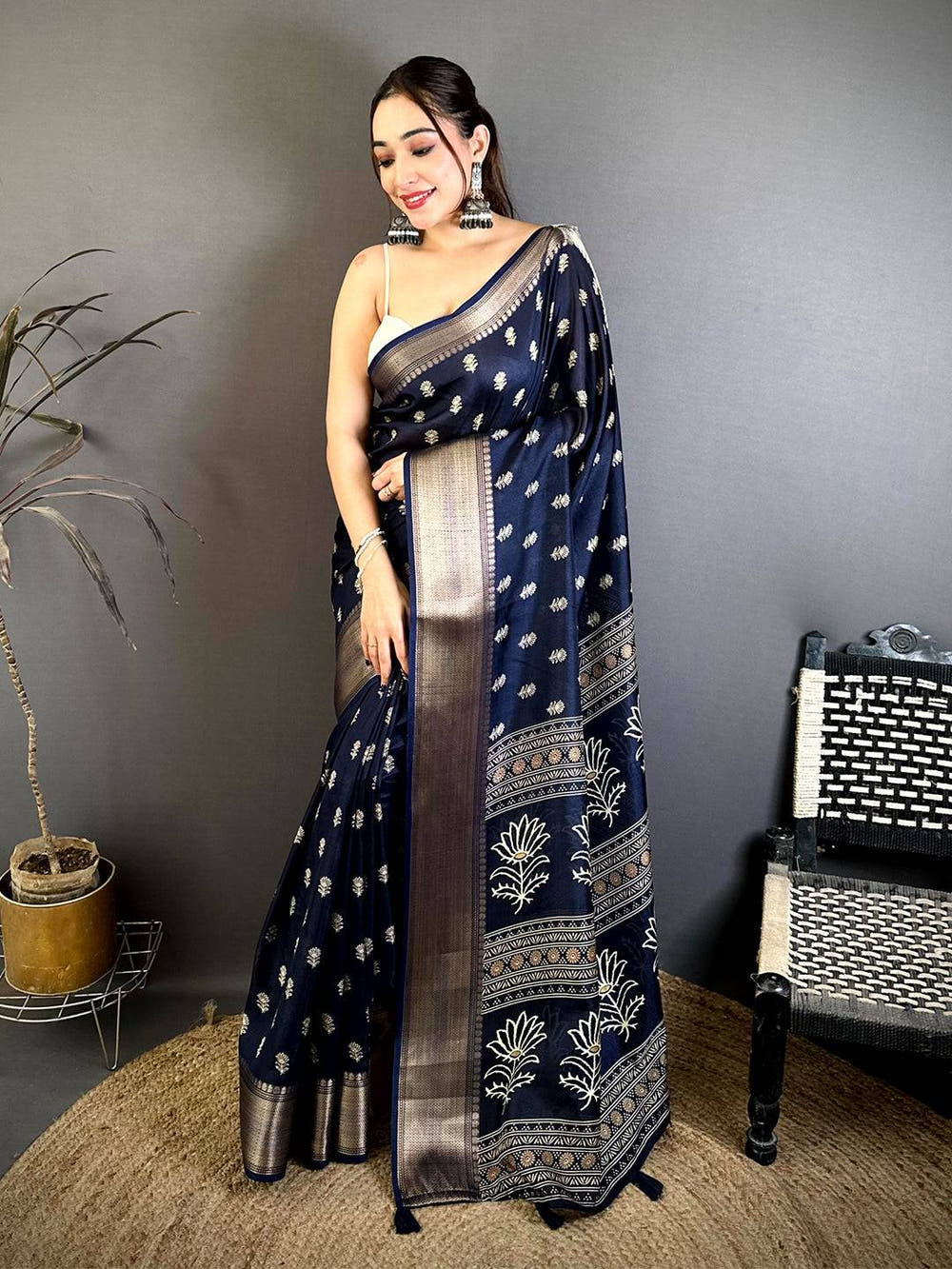 Navy Dola Block Print Zari Border Saree