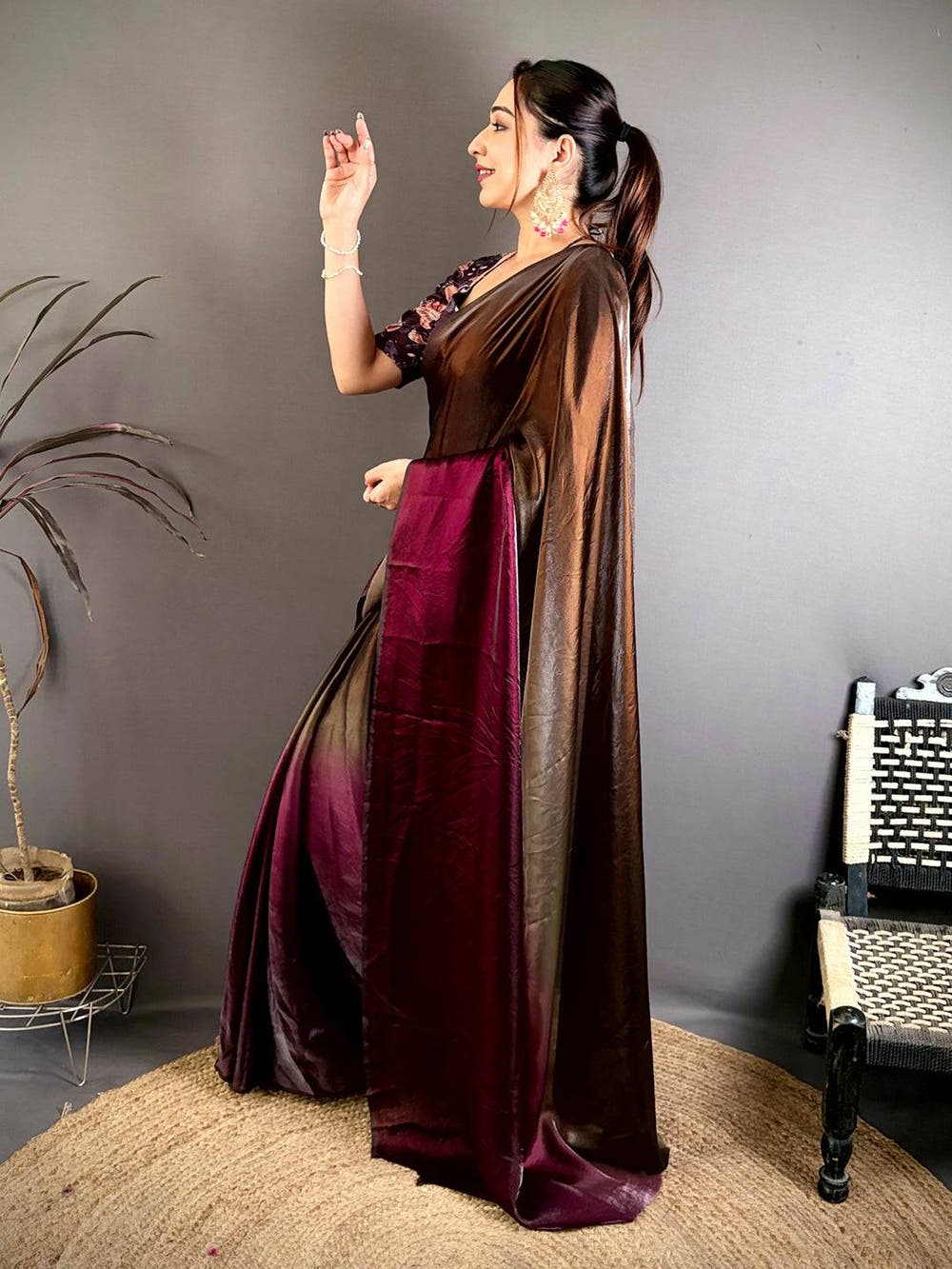 Ombre Glass Satin Chiffon Silk Saree