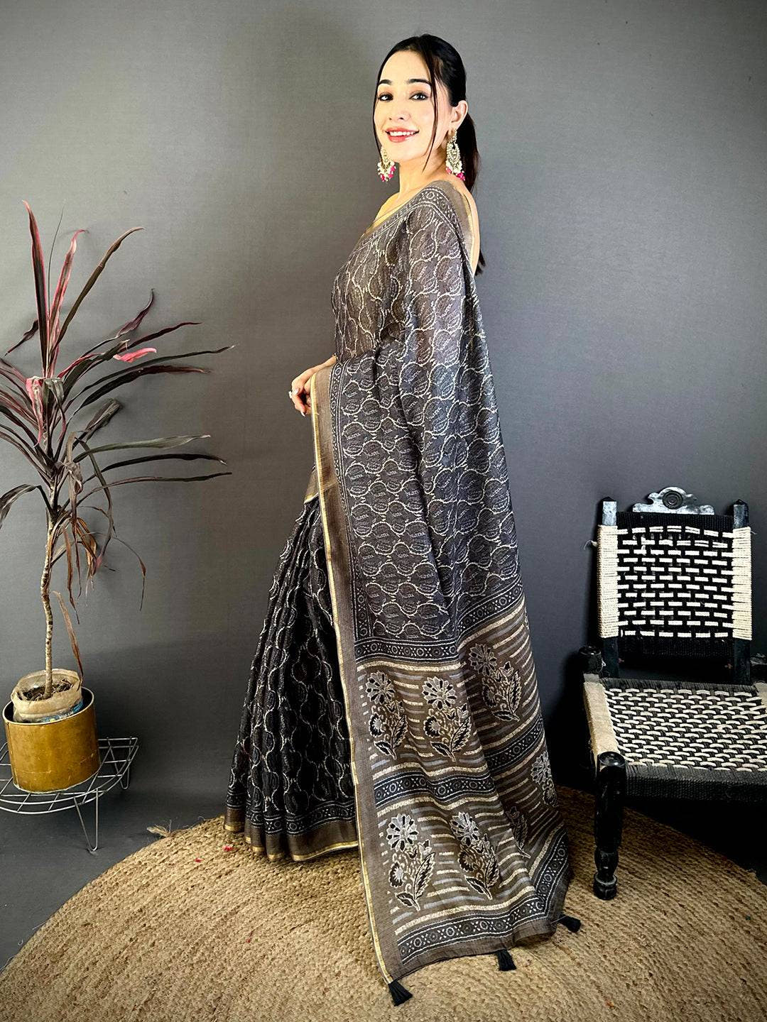 Grey Ajrakh Digital Print Kota Saree