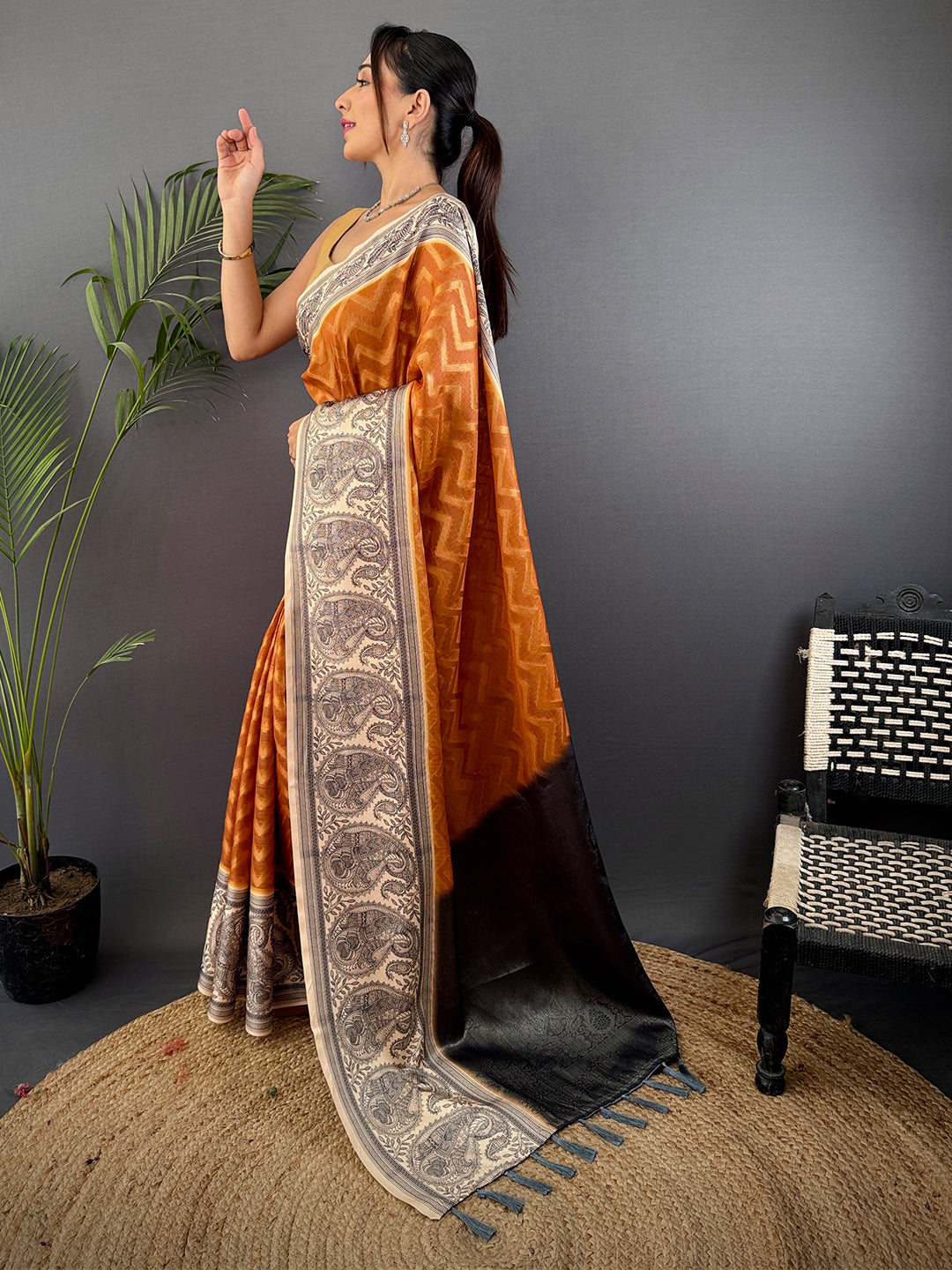 Rust Orange Madhubani Print Soft Silk Saree