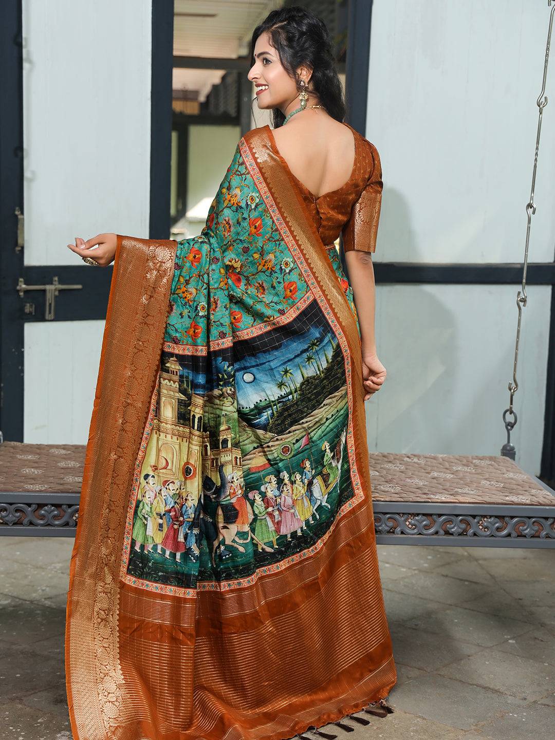 Turquoise Pure Viscose Dola Silk Saree With Mughal Motifs