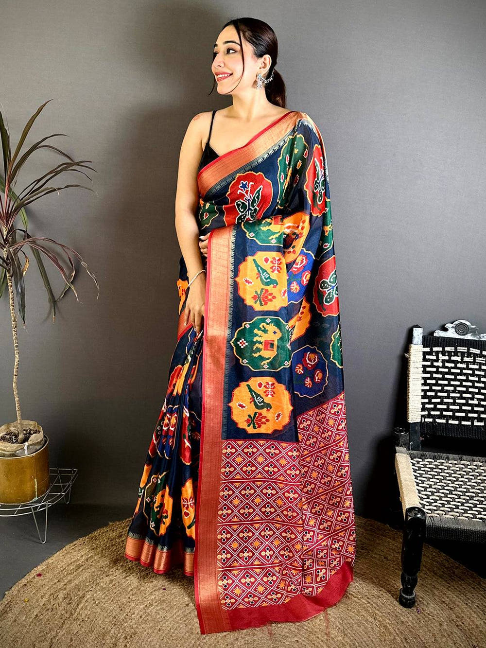 Navy Soft Dola Big Ikkat Minakari Print Saree