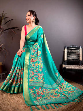 Dark Turquoise Shade Printed Dola Silk Saree

