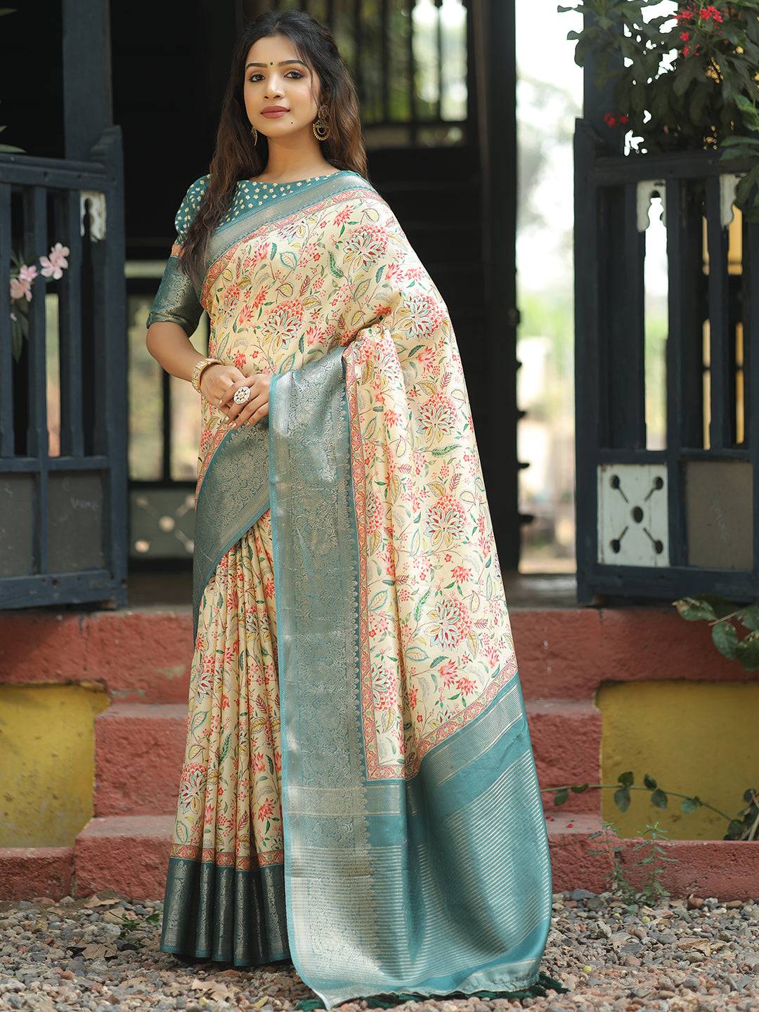 Cream Colour Phulkari Design Zari Weaving Pallu Saree