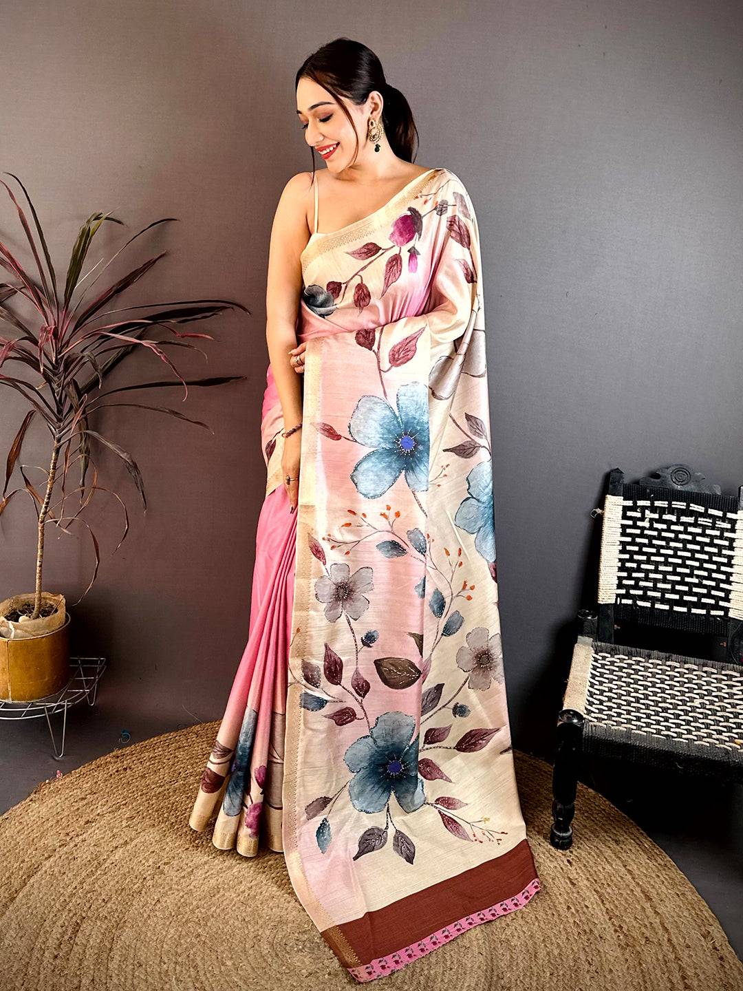 Artistic Floral Print Ghicha Weave Saree