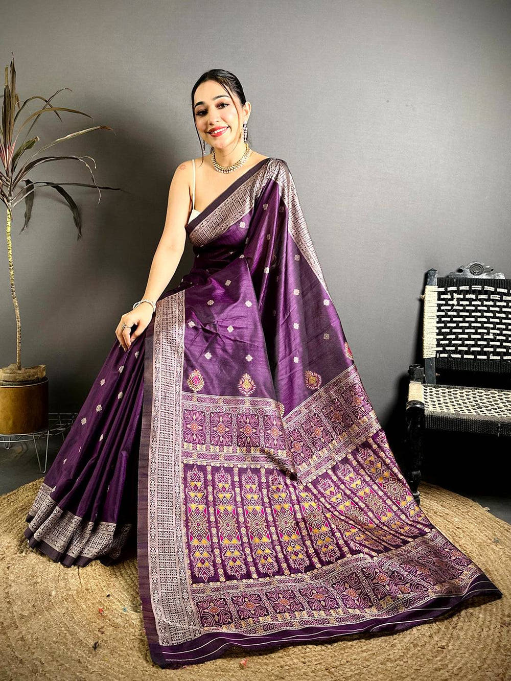 Wine Katan Silk Thread Work Saree