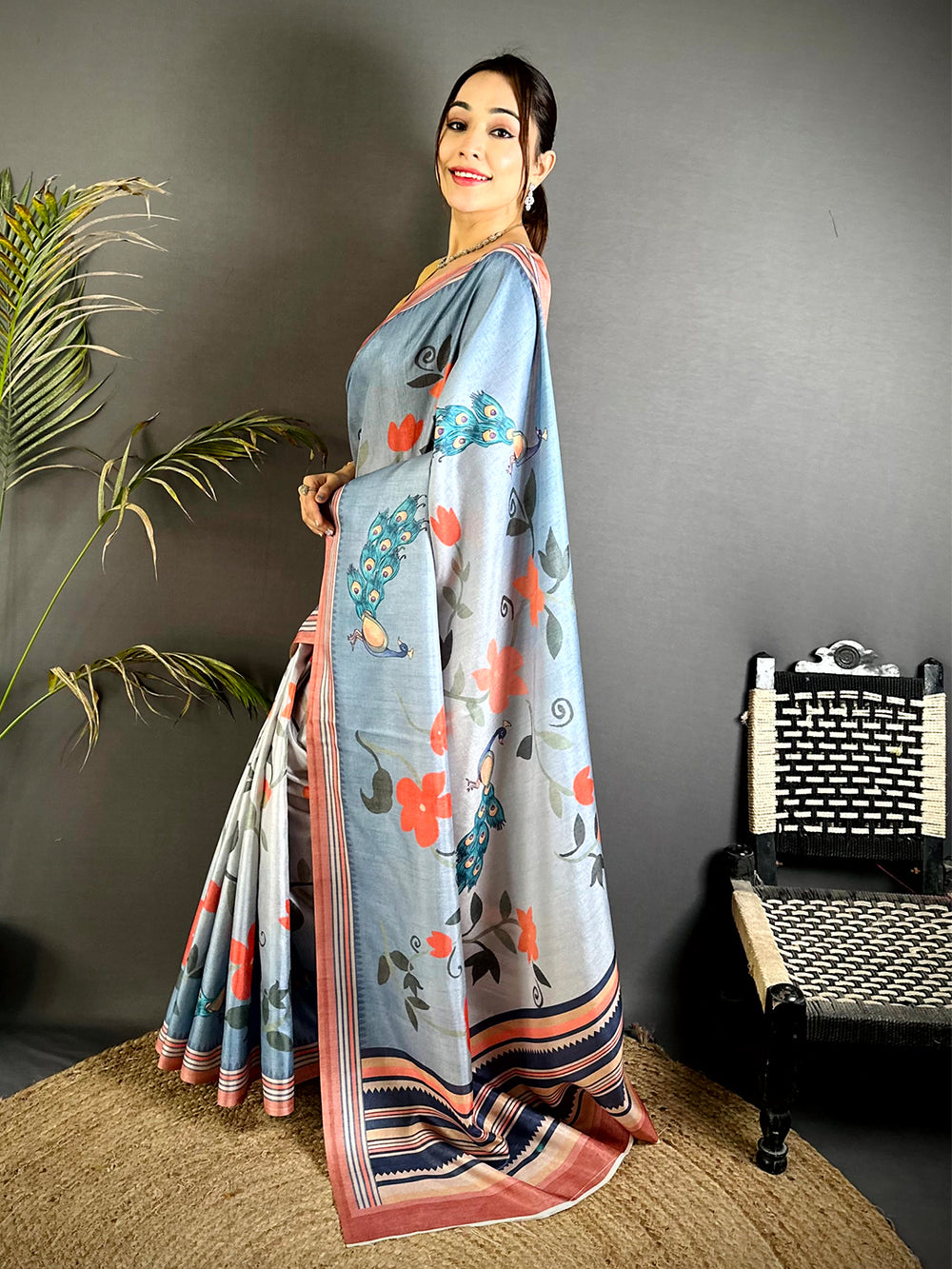 Sky Blue Floral Tussar Ikkat Border Saree