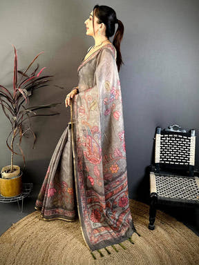 Grey Vintage Pen Kalamkari Chanderi Saree