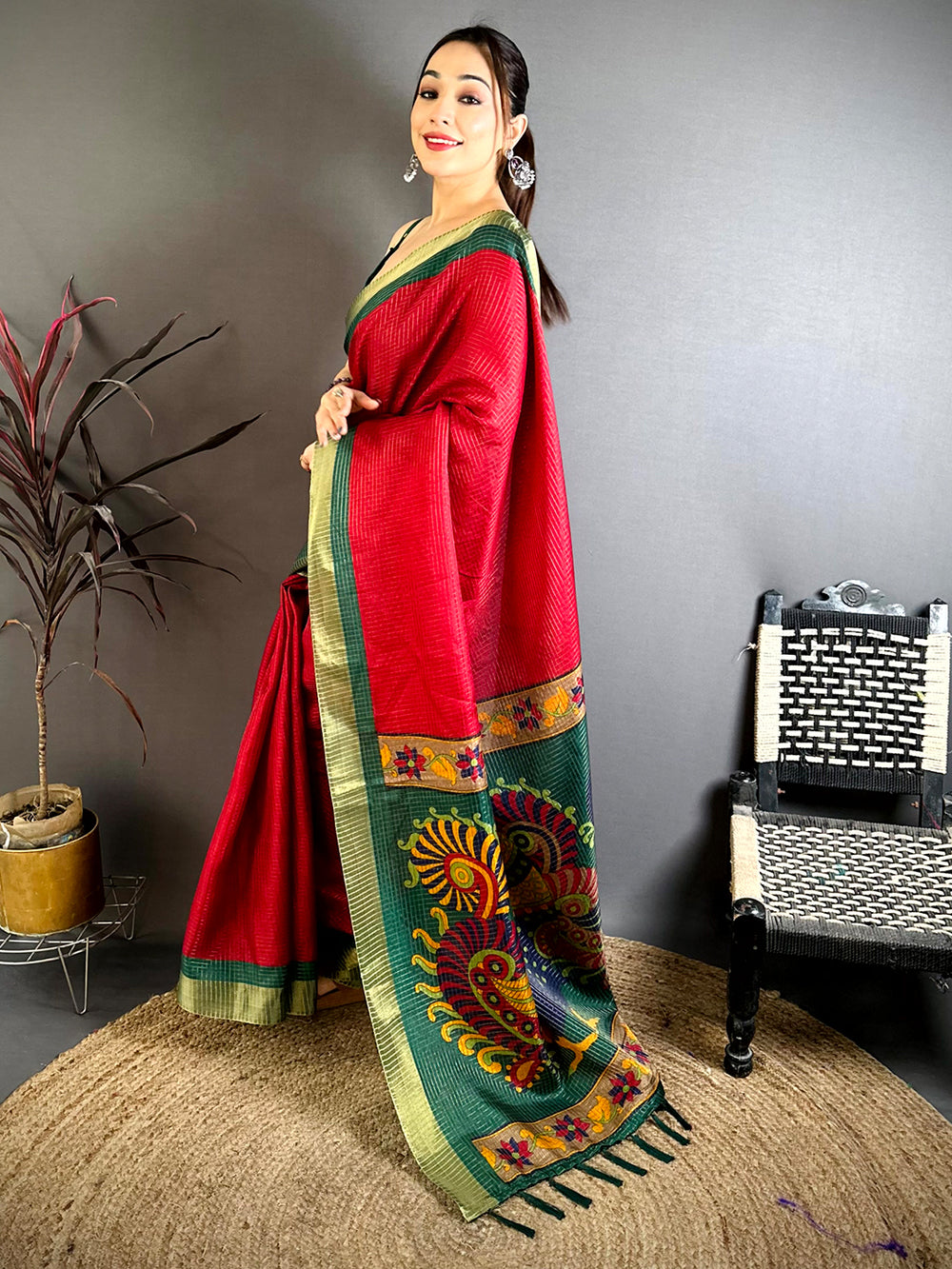 Red Tussar Zari Chex Kalamkari Saree