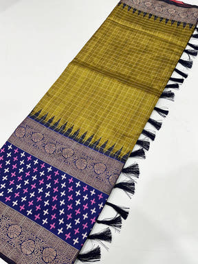 Green Chex Ikkat Saree With Double Border

