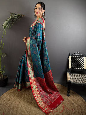 Elegant Denim Blue Pochampally Patola Silk Saree

