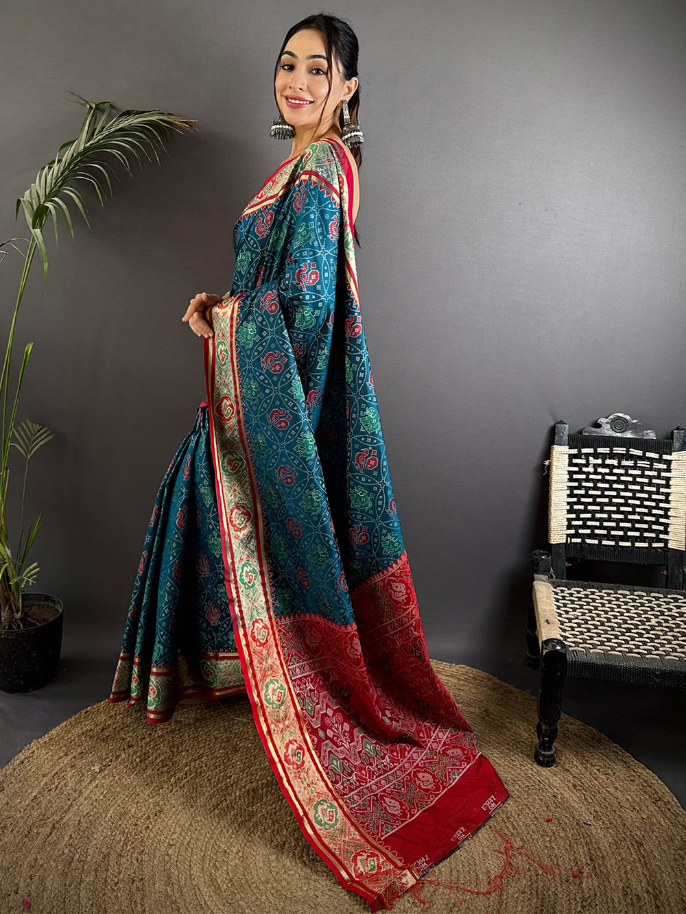Elegant Denim Blue Pochampally Patola Silk Saree