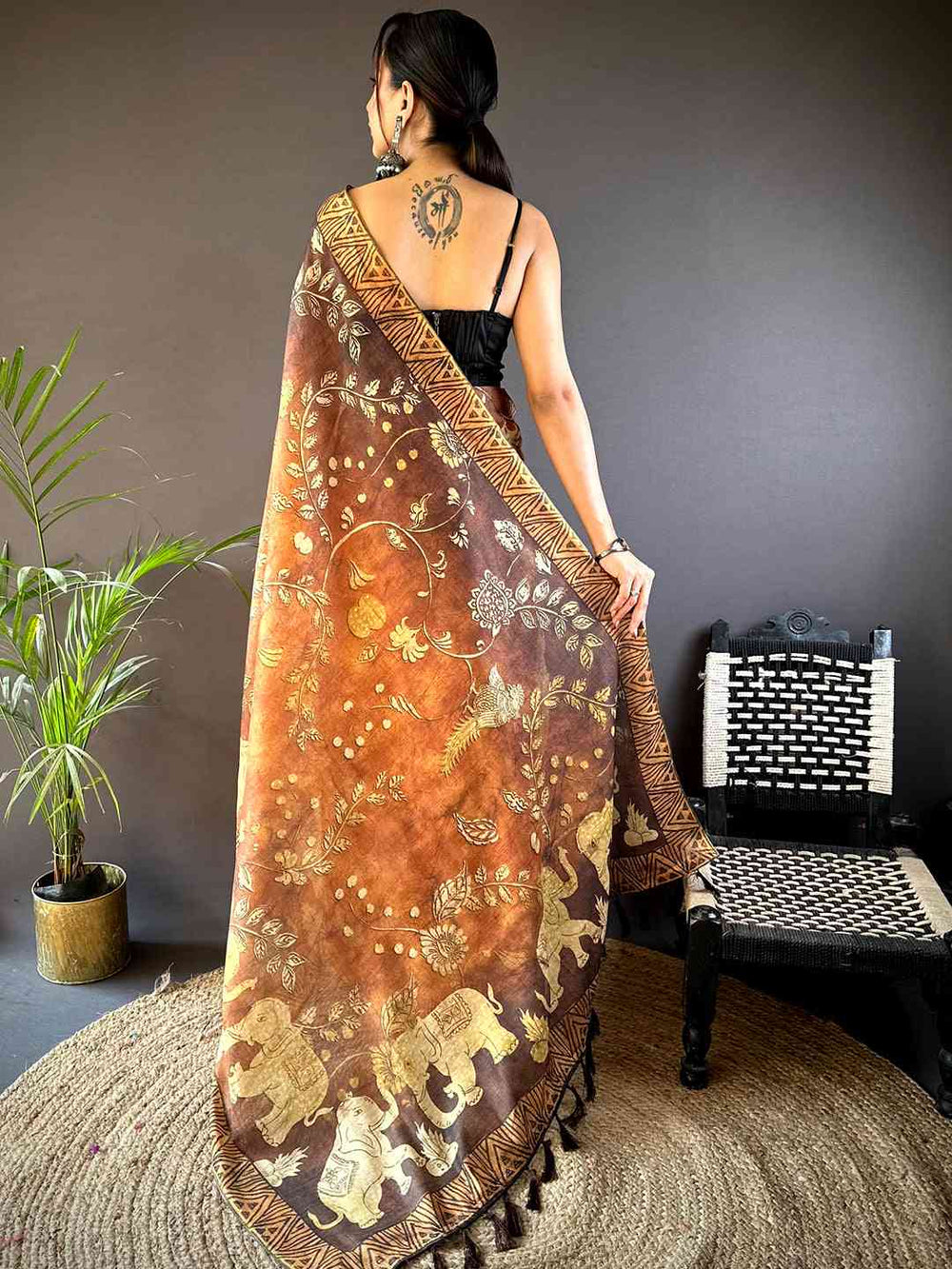 Mustard Kalamkari Block Print Chanderi Saree