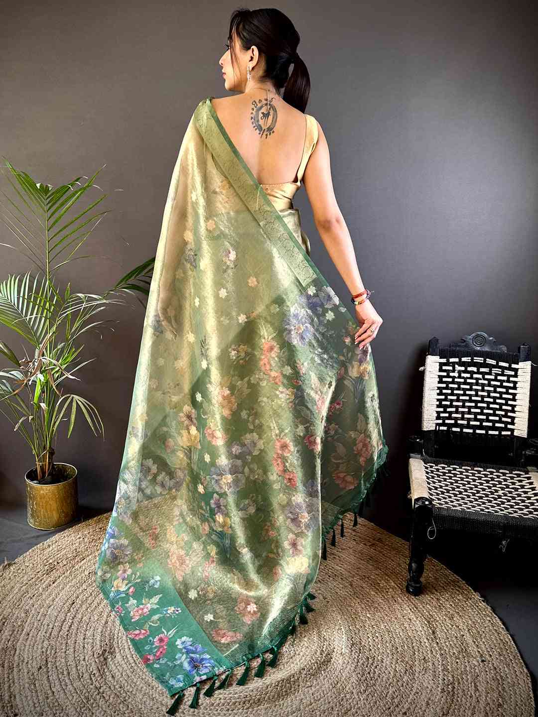 Dark Green Tissue Digital Floral Saree