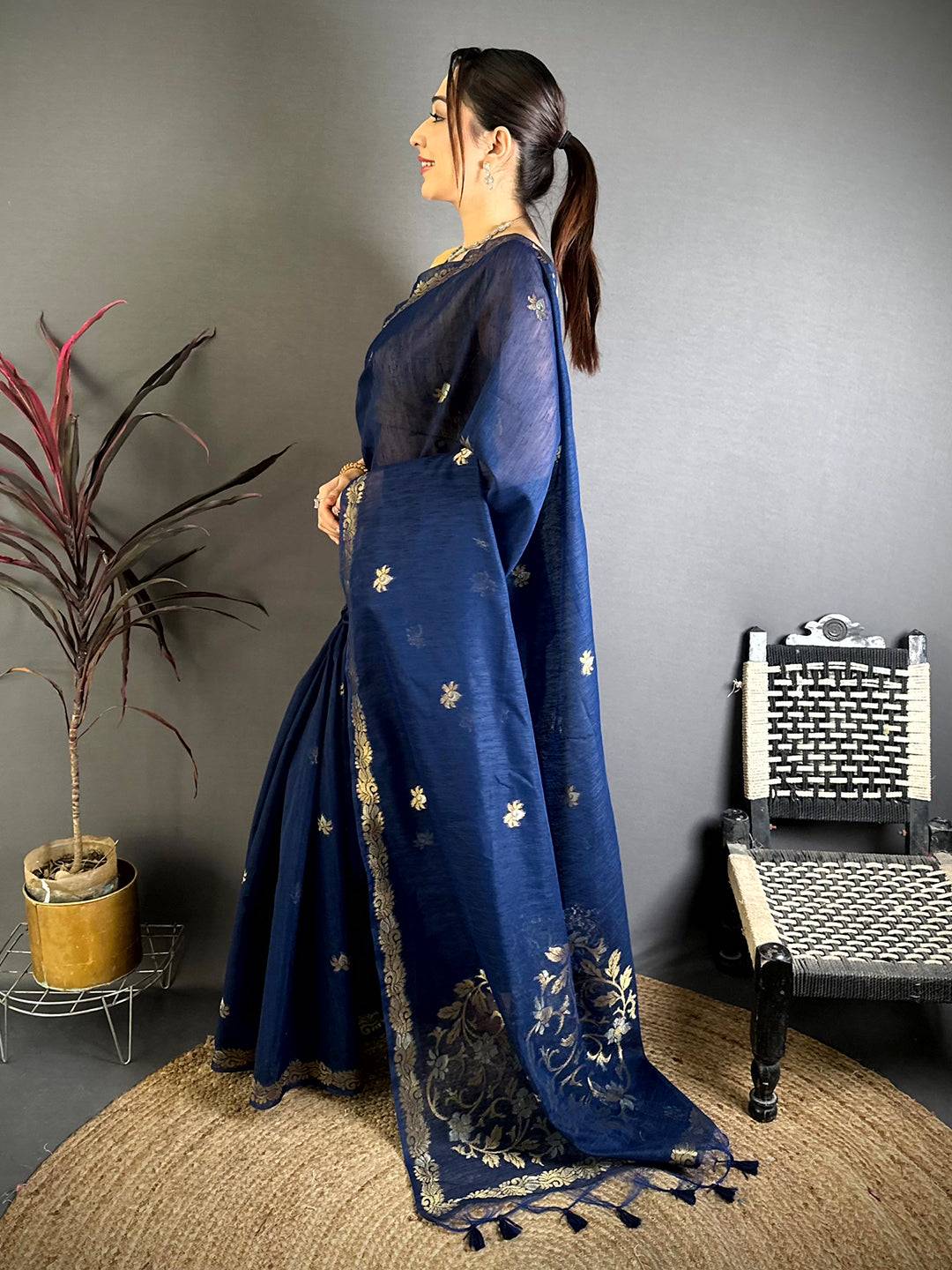Navy Sona Chandi Muga Cotton Saree


