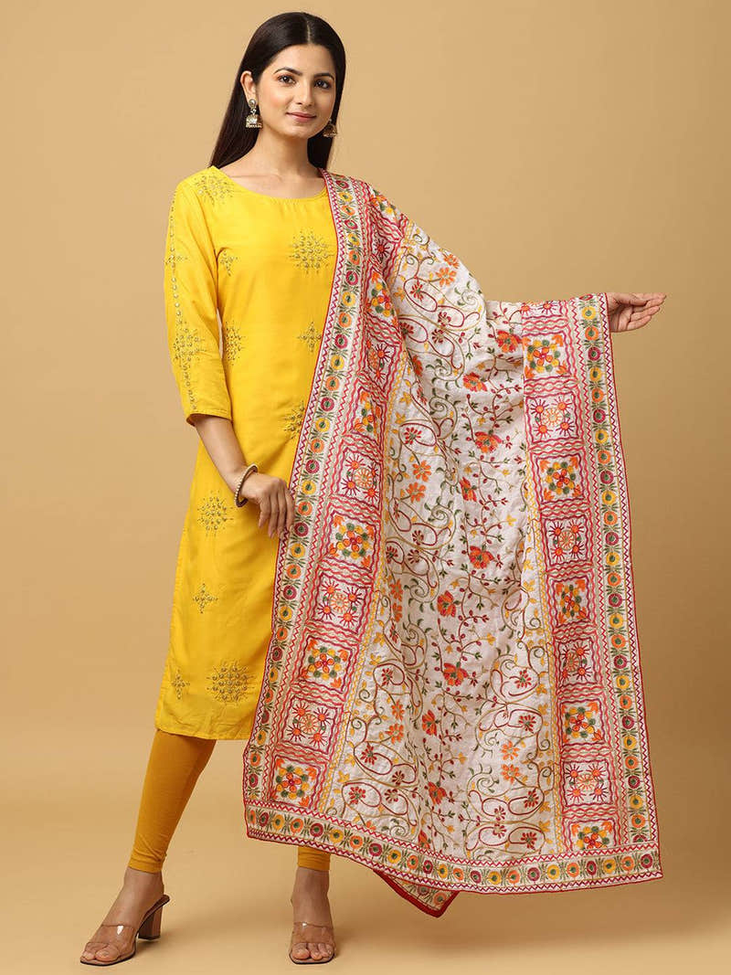 Ivory Pink Fine Floral Pashmina Dupatta