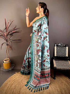 Elegant model showcasing Regal Rudrakh digital print soft silk saree with intricate border design