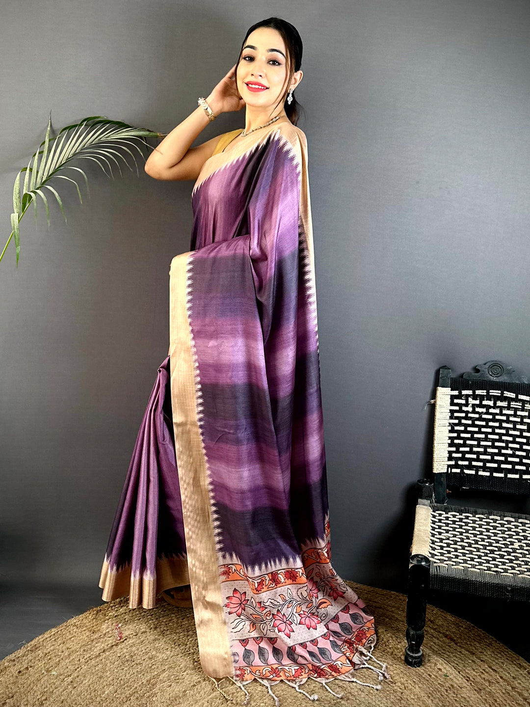 Radiant Tussar Kalamkari Pallu Saree